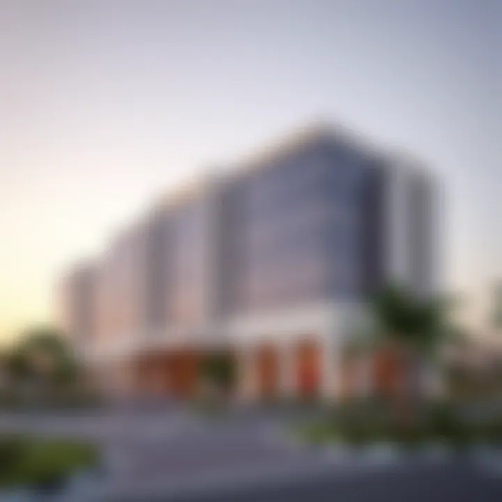 Exterior view of the business center with surrounding landscape and amenities