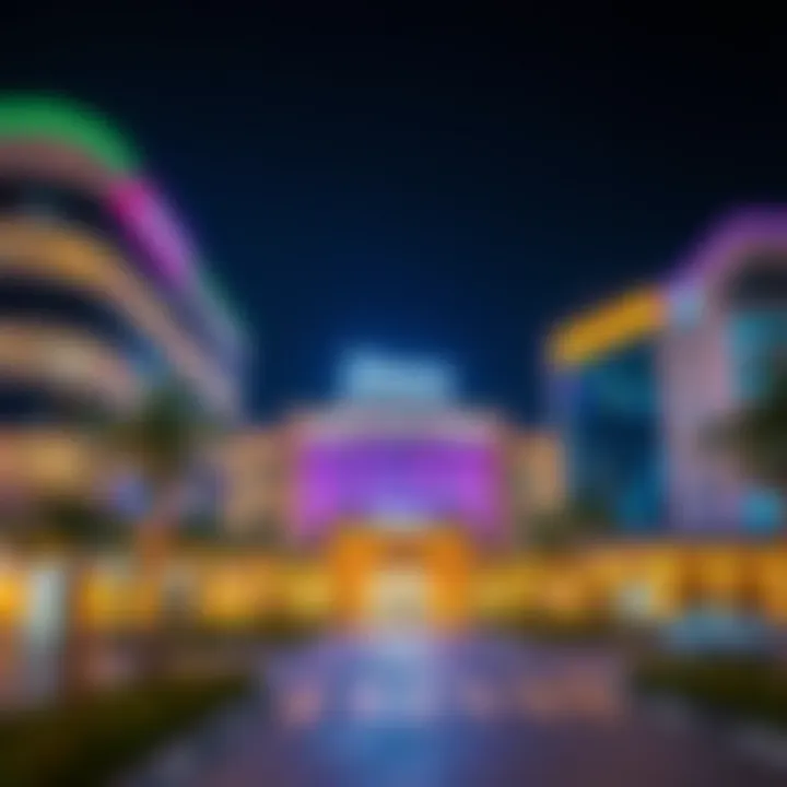 Exterior view of Diera City Center at night illuminated with colorful lights