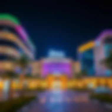 Diera City Center at Night Exterior view of Diera City Center at night illuminated with colorful lights