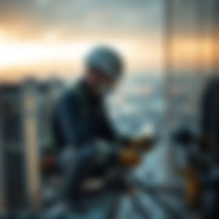 Technician performing maintenance work on high-rise buildings